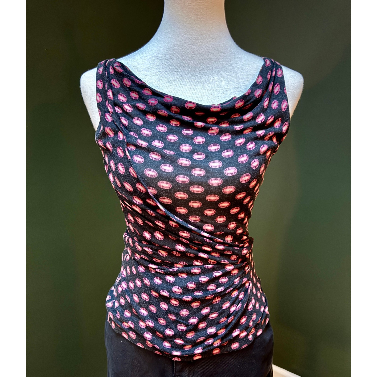 Halogen Sleeveless Pink & Black Polka Dot Cowl Neck Top Women's Petite Xs